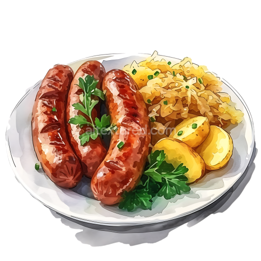 Breakfast Bratwurst with Sauerkraut and Potatoes Illustration