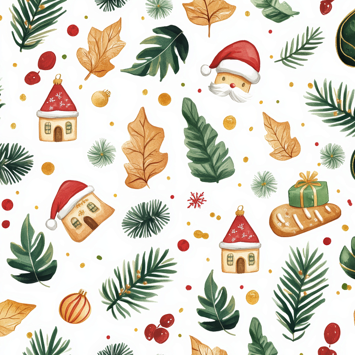 Watercolor Christmas with Festive Leaves and Holiday Motifs seamless PBR texture preview