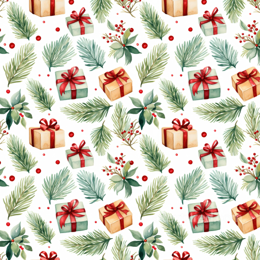 Christmas Watercolor Texture with Gifts and Pine Foliage seamless Christmas Watercolor PBR texture
