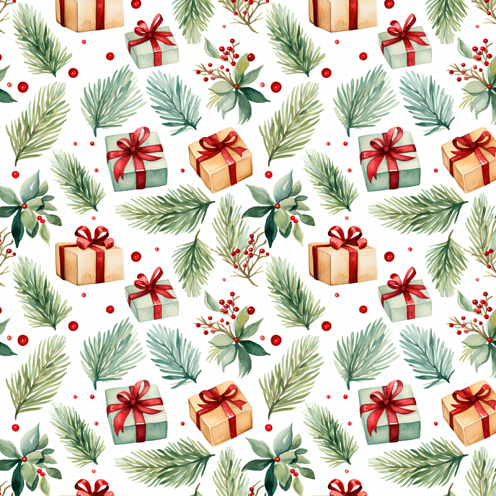Christmas Watercolor with Gifts and Pine Foliage Wood seamless PBR texture preview
