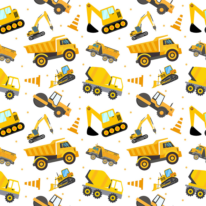 Pattern Featuring Playful Yellow Construction Vehicles and Traffic Cones seamless PBR texture preview