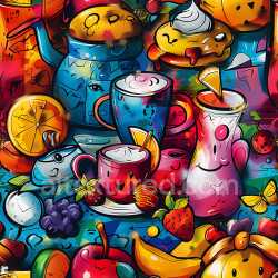 seamless Seamless 3D PBR Texture of Colorful Food-Themed Urban Graffiti with Drinks and Fruits texture 8k free download PBR
