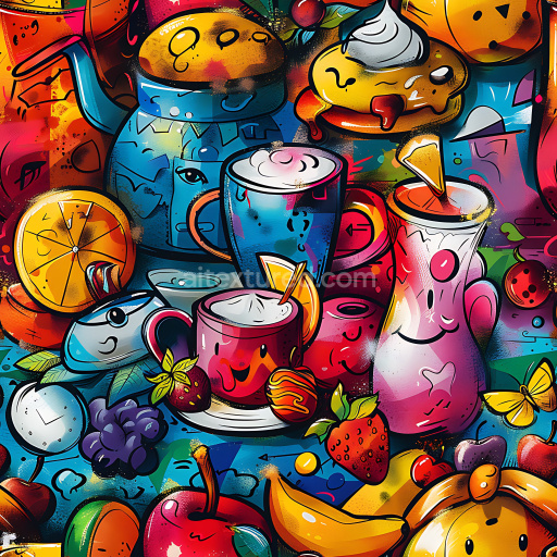 Seamless 3D PBR Texture of Colorful Food-Themed Urban Graffiti with Drinks and Fruits