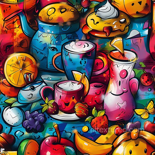 Seamless 3D PBR Texture of Colorful Food-Themed Urban Graffiti with Drinks and Fruits texture preview