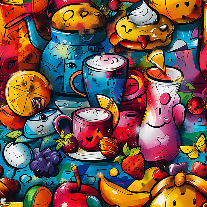 Colorful Food-Themed Urban Graffiti with Drinks and Fruits seamless PBR texture preview