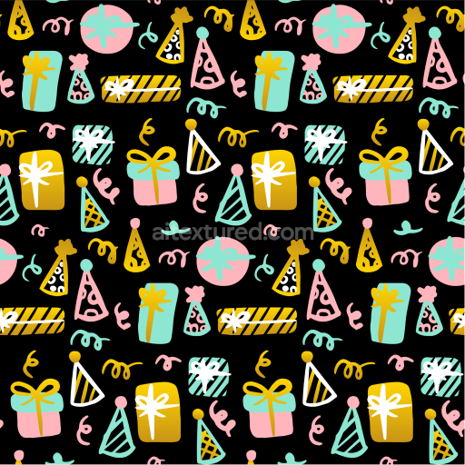 Preview — Seamless 3D PBR Texture Featuring Colorful Birthday Gifts & Party Hats Pattern