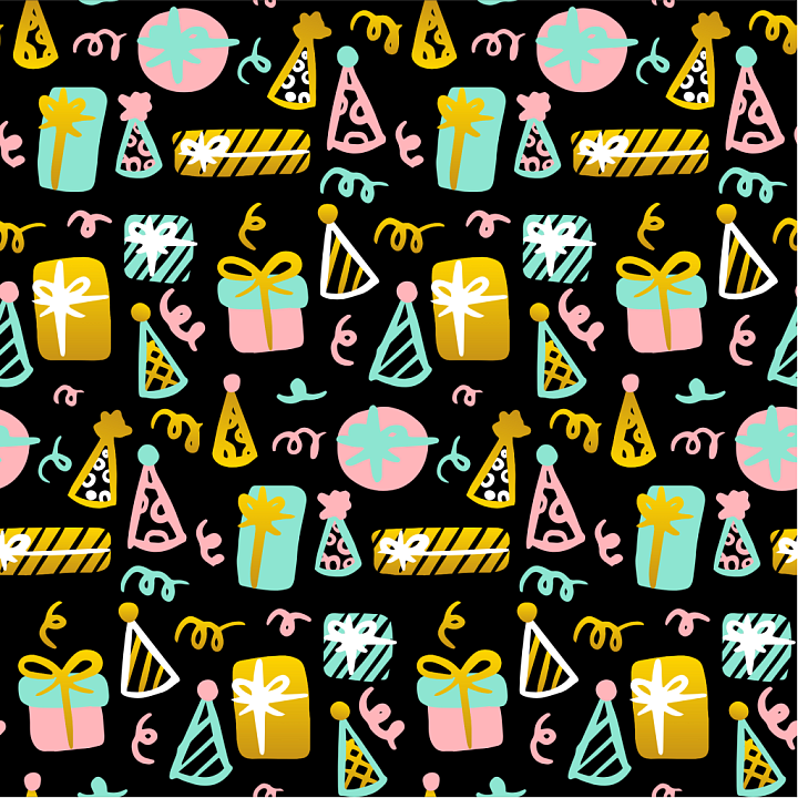 Featuring Colorful Birthday Gifts & Party Hats Pattern seamless PBR texture preview