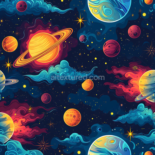 Seamless 3D Space PBR Texture Featuring Stylized Cartoon Planets and Vibrant Nebula Clouds
