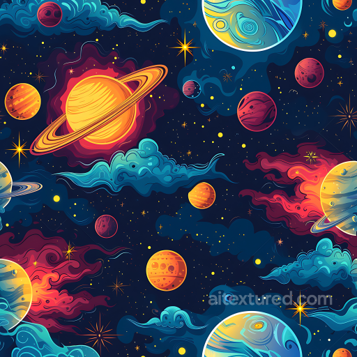 Space PBR Texture Featuring Stylized Cartoon Planets and Vibrant Nebula Clouds seamless Star, space, planets PBR texture
