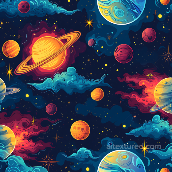 Space PBR Texture Featuring Stylized Cartoon Planets and Vibrant Nebula Clouds Star, space, planets texture preview