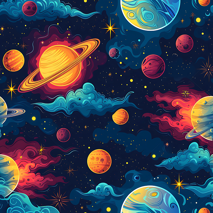 Space Featuring Stylized Cartoon Planets and Vibrant Nebula Clouds seamless PBR texture preview
