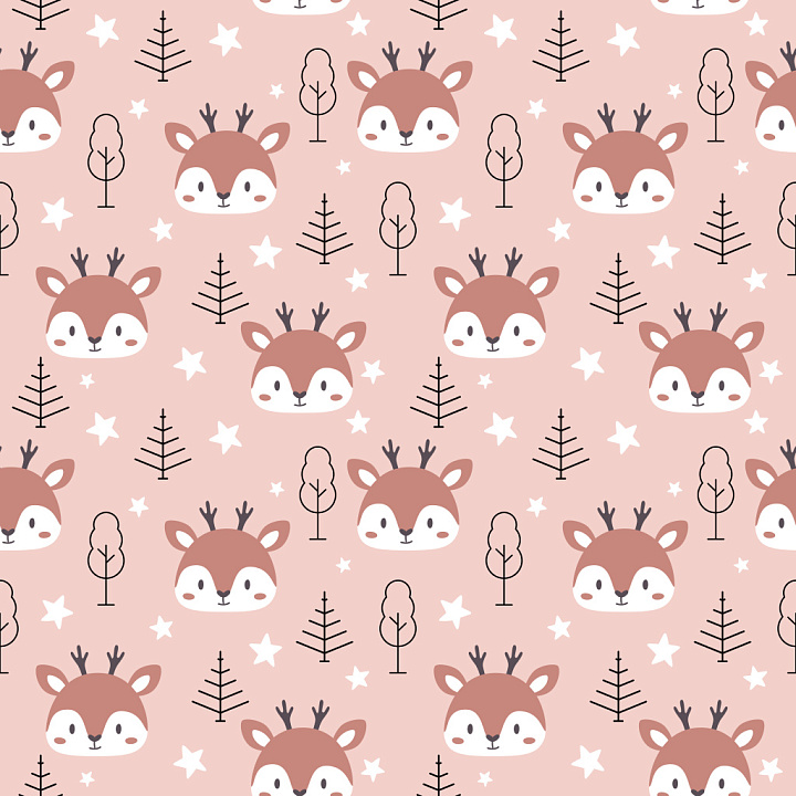 Pattern Featuring Cute Deer Heads and Minimalist Trees on Soft Pink Bac… seamless PBR texture preview