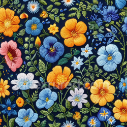seamless Seamless 3D PBR Texture of Colorful Embroidered Floral Fabric on Navy texture 8k free download PBR