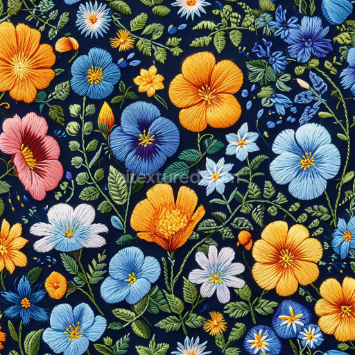 Seamless 3D PBR Texture of Colorful Embroidered Floral Fabric on Navy