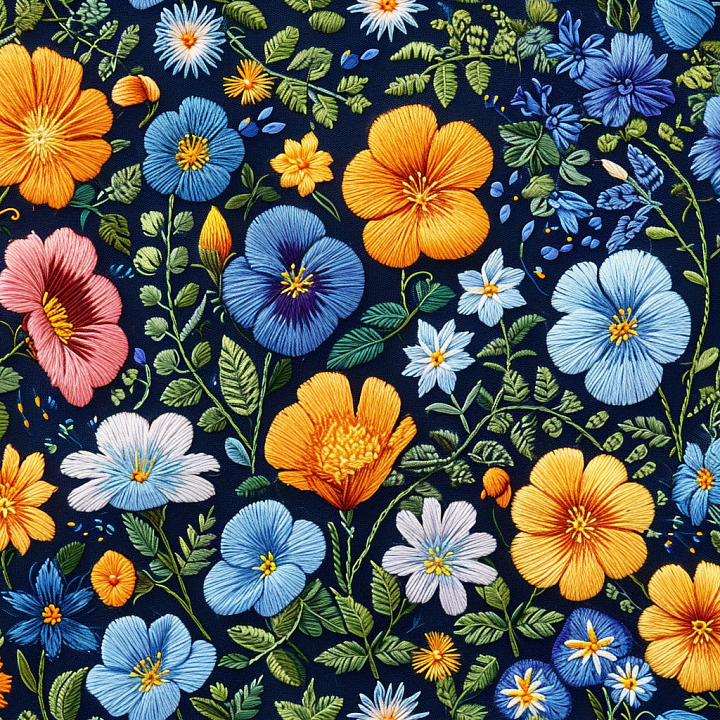Colorful Embroidered Floral Fabric on Navy seamless PBR texture preview