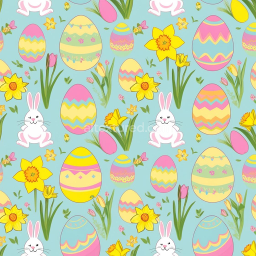 Seamless 3D PBR Texture Featuring Colorful Easter Eggs, Bunnies, and Spring Flowers