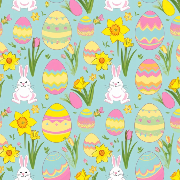 Featuring Colorful Easter Eggs, Bunnies, and Spring Flowers seamless PBR texture preview
