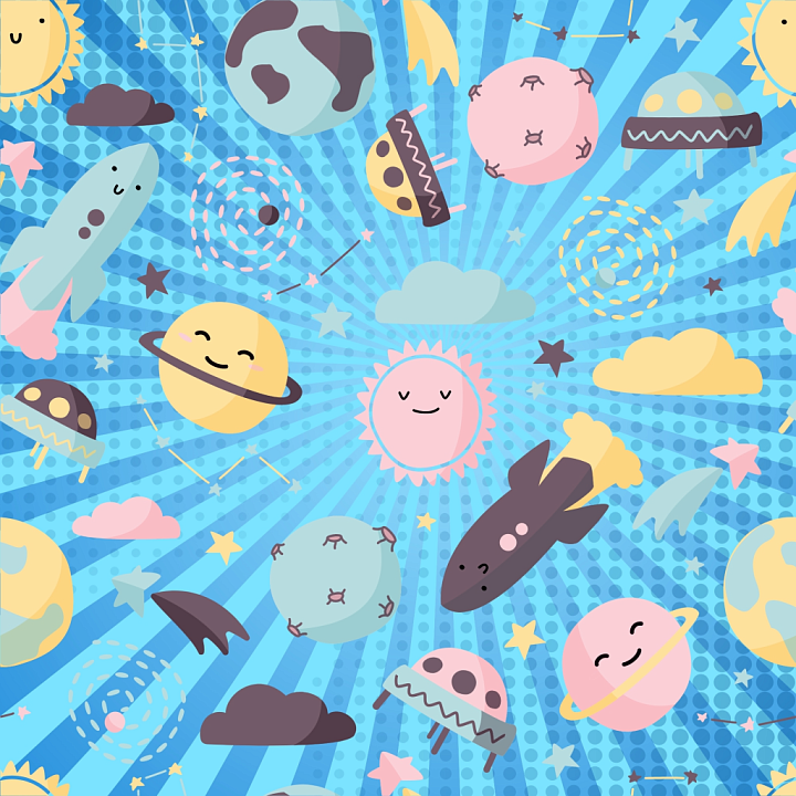with Cute Cartoon Space and Planets Pattern seamless PBR texture preview