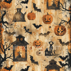 seamless Seamless 3D PBR Texture Featuring Vintage Halloween Pumpkins, Bats & Lanterns texture 8k free download PBR