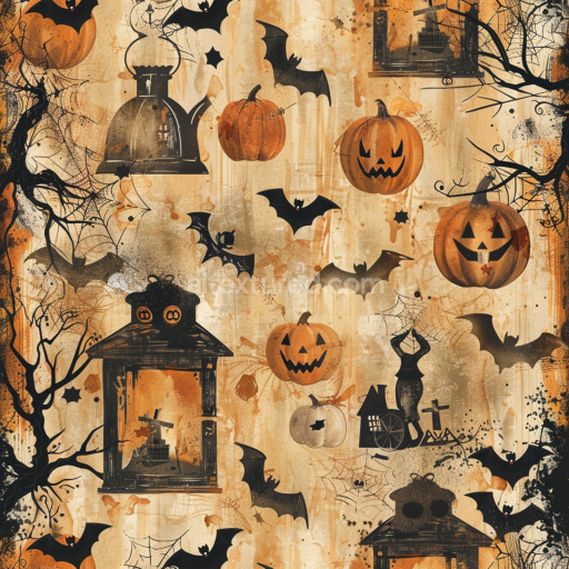 Seamless 3D PBR Texture Featuring Vintage Halloween Pumpkins, Bats & Lanterns