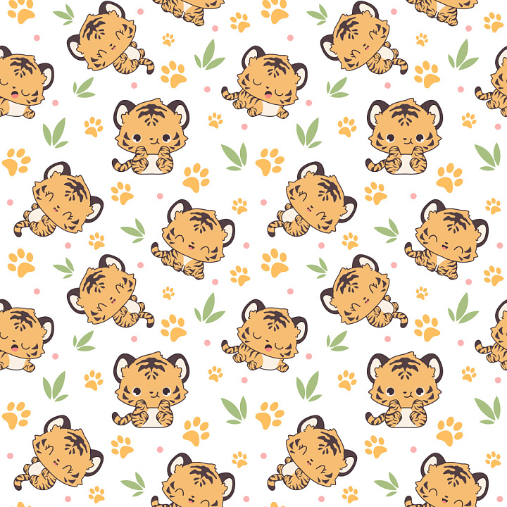 Pattern with Adorable Cartoon Tiger Motifs and Paw Prints seamless PBR texture preview