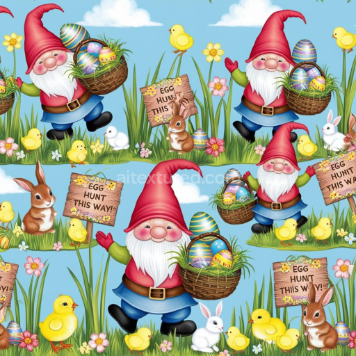 Preview — Seamless 3D PBR Easter digital paper texture featuring cheerful gnomes, chicks, rabbits, and eggs