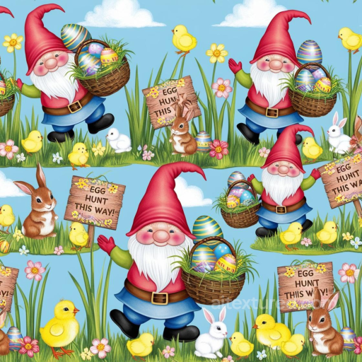 Easter Digital Paper Texture Featuring Cheerful Gnomes, Chicks, Rabbits, And Eggs seamless All Easter Digital paper PBR texture
