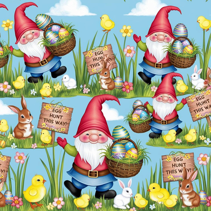 Easter Digital Paper Featuring Cheerful Gnomes, Chicks, Rabbits, And Eg… seamless PBR texture preview