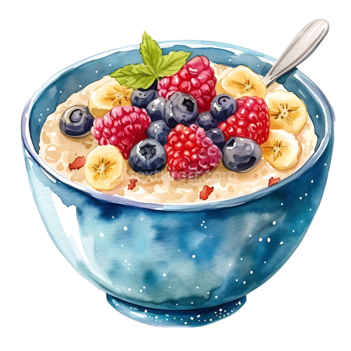 Watercolor Style Quinoa Porridge Bowl with Fresh Berries and Banana Slices for Breakfast