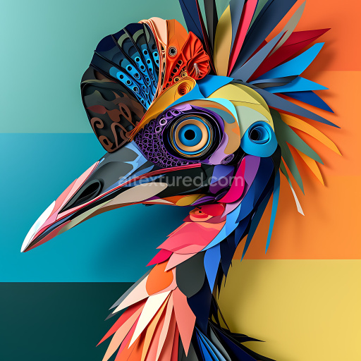 Seamless 3D PBR Texture of Vibrant Cassowary Feather Pattern with Origami Style