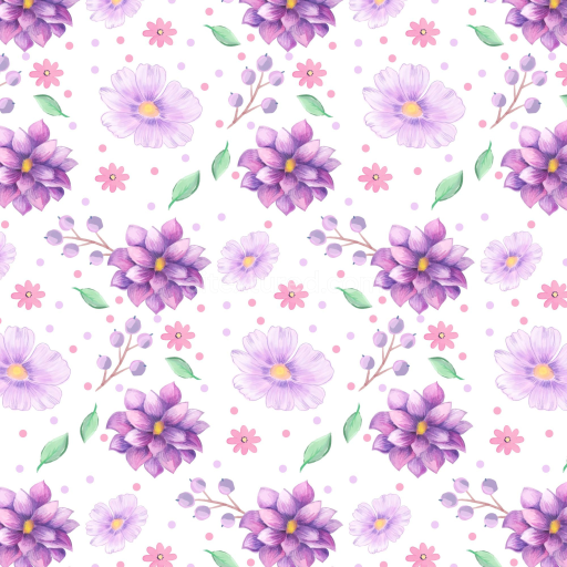 Seamless 3D PBR Texture of Purple Flower Pattern Fabric with Watercolor Style