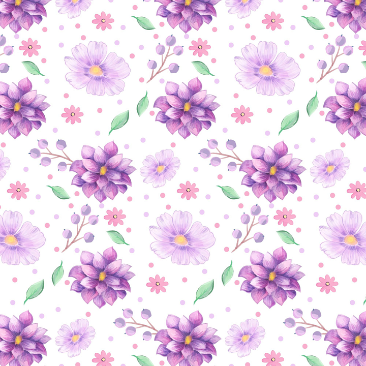 Purple Flower Pattern Fabric with Watercolor Style seamless PBR texture preview