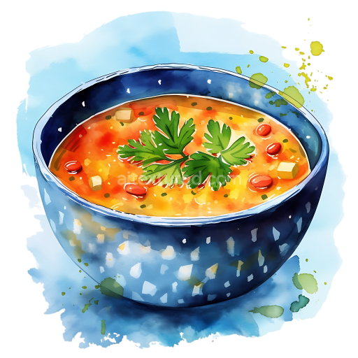Breakfast Lentil Soup in Blue Bowl - Watercolor Style Illustration
