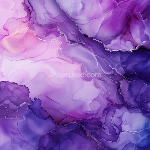 Seamless 3D Alcohol Ink PBR Texture Featuring Elegant Purple and Violet Fluid Marbling with Gold Veins