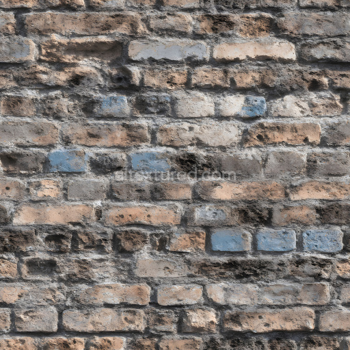 Seamless 3D Cracked Brick Wall PBR Texture with Weathered Holes and Blue Paint Marks