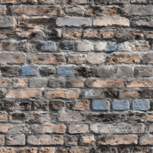Cracked Brick Wall PBR Texture with Weathered Holes and Blue Paint Marks seamless Brick PBR texture