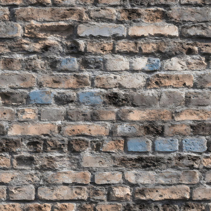 Cracked Brick Wall with Weathered Holes and Blue Paint Marks seamless PBR texture preview