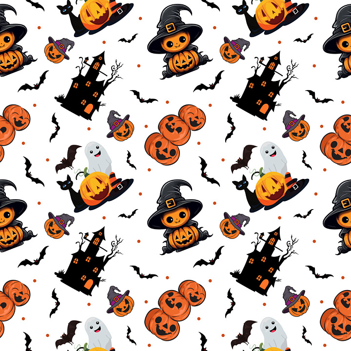 Halloween Pattern Featuring Pumpkins, Ghosts & Haunted Houses seamless PBR texture preview