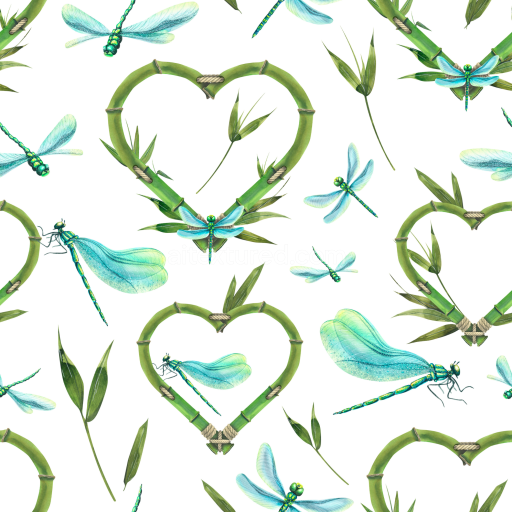 Seamless 3D PBR Texture Featuring Dragonflies and Bamboo Heart Motifs
