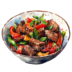 seamless Breakfast Theme Beef Stir-Fry Bowl with Colorful Veggies Watercolor Illustration texture 8k free download PBR