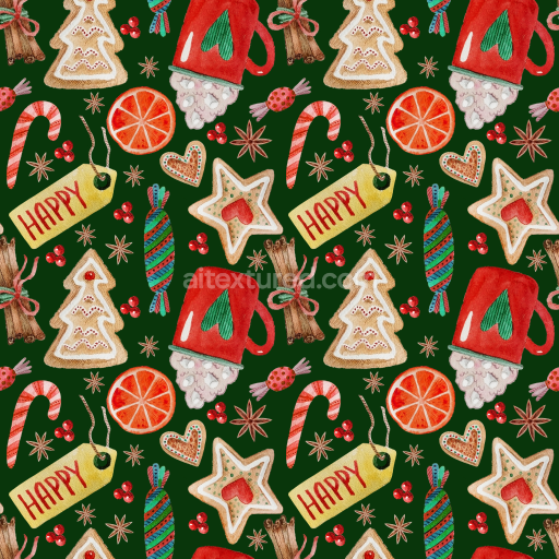 Seamless 3D PBR Texture of Festive Christmas Holiday Pattern with Gingerbread Cookies and Candy