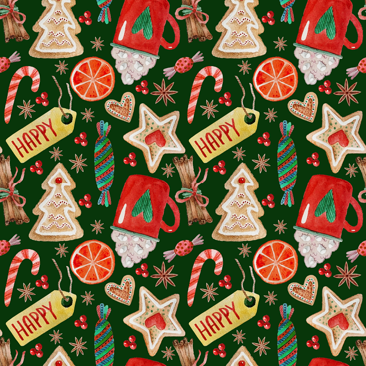 Festive Christmas Holiday Pattern with Gingerbread Cookies and Candy seamless PBR texture preview
