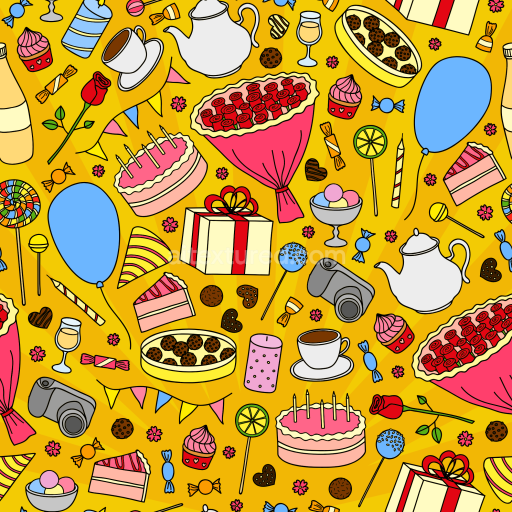 Seamless 3D PBR Birthday Party Illustrated Pattern Texture in Bright Colors