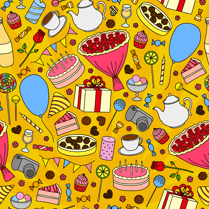 Birthday Party Illustrated Pattern in Bright Colors seamless PBR texture preview