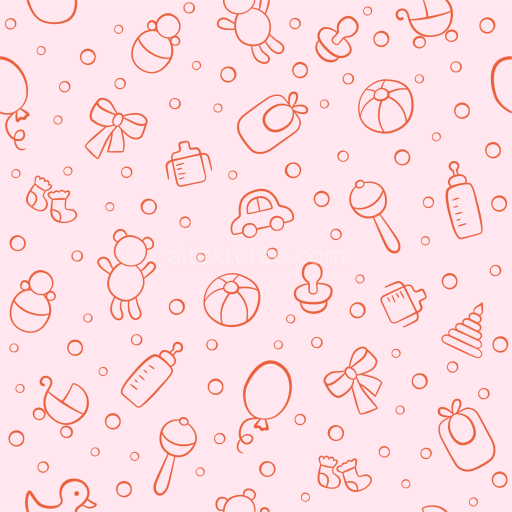 Seamless 3D PBR Texture Featuring Baby Girl Themed Pink Icons with Playful Outline Pattern
