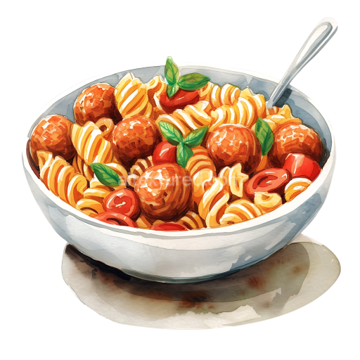 Watercolor Style Breakfast Bowl of Rotini Pasta with Meatballs and Fresh Herbs