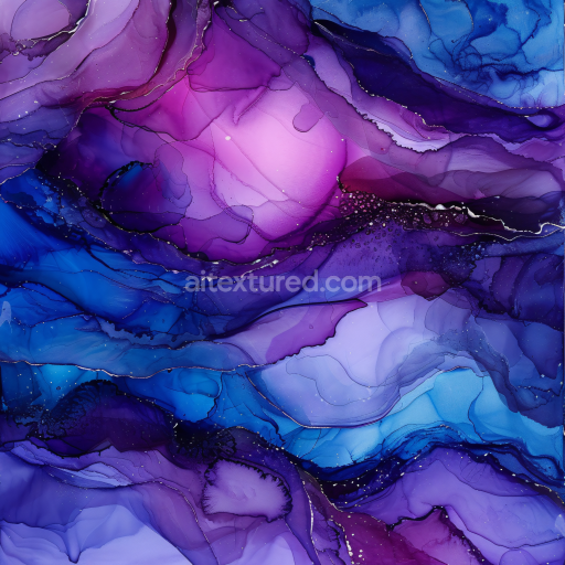 Seamless 3D Alcohol Ink PBR Texture Featuring Violet and Blue Fluid Waves with Translucent Layers