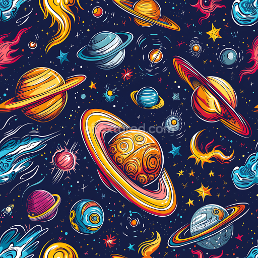 Seamless 3D Space PBR Texture Featuring Colorful Cartoon Planets and Cosmic Elements