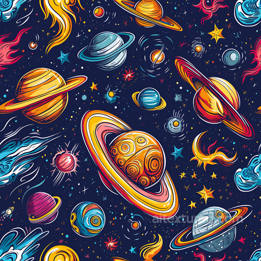 Space PBR Texture Featuring Colorful Cartoon Planets and Cosmic Elements seamless Star, space, planets PBR texture