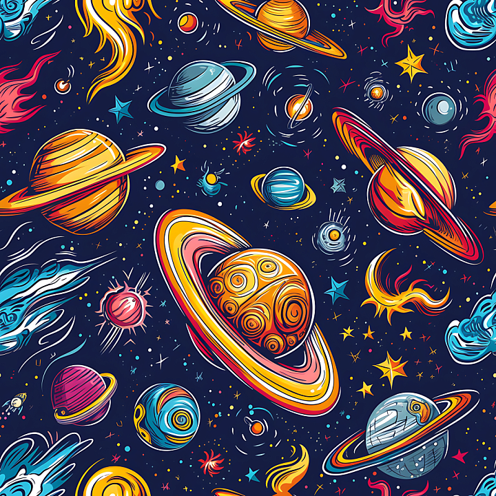 Space Featuring Colorful Cartoon Planets and Cosmic Elements seamless PBR texture preview